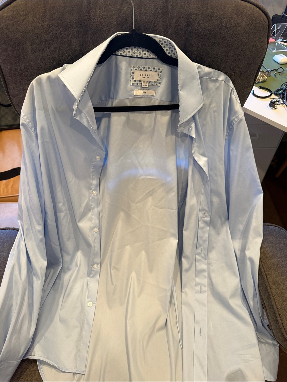Ted Baker Light Blue Men's Dress Shirt with Patterned Inner Collar